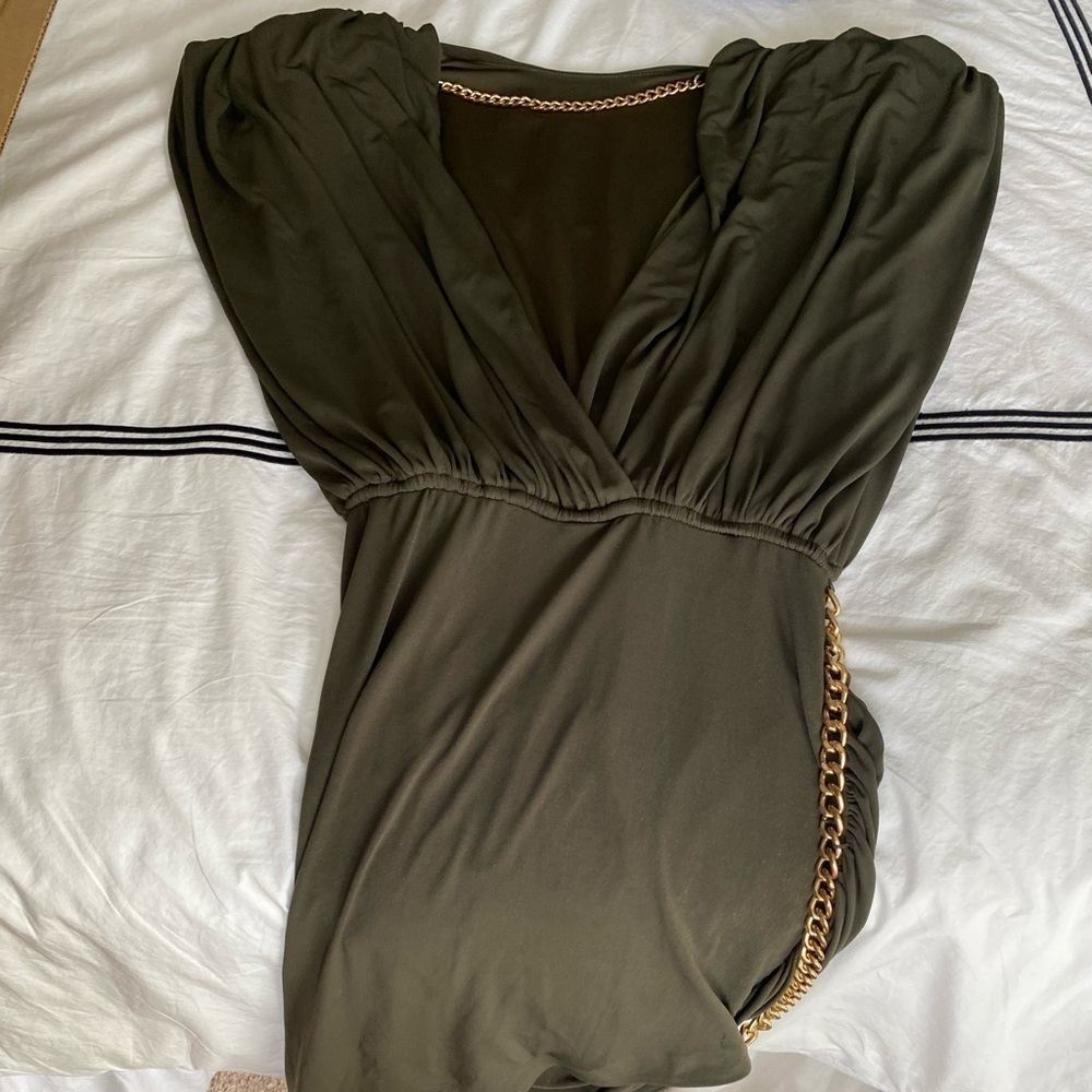 Retrofete- Olive Green “Chessie” Mini Bodycon Dress with Gold Chain Detail - Picture 11 of 14